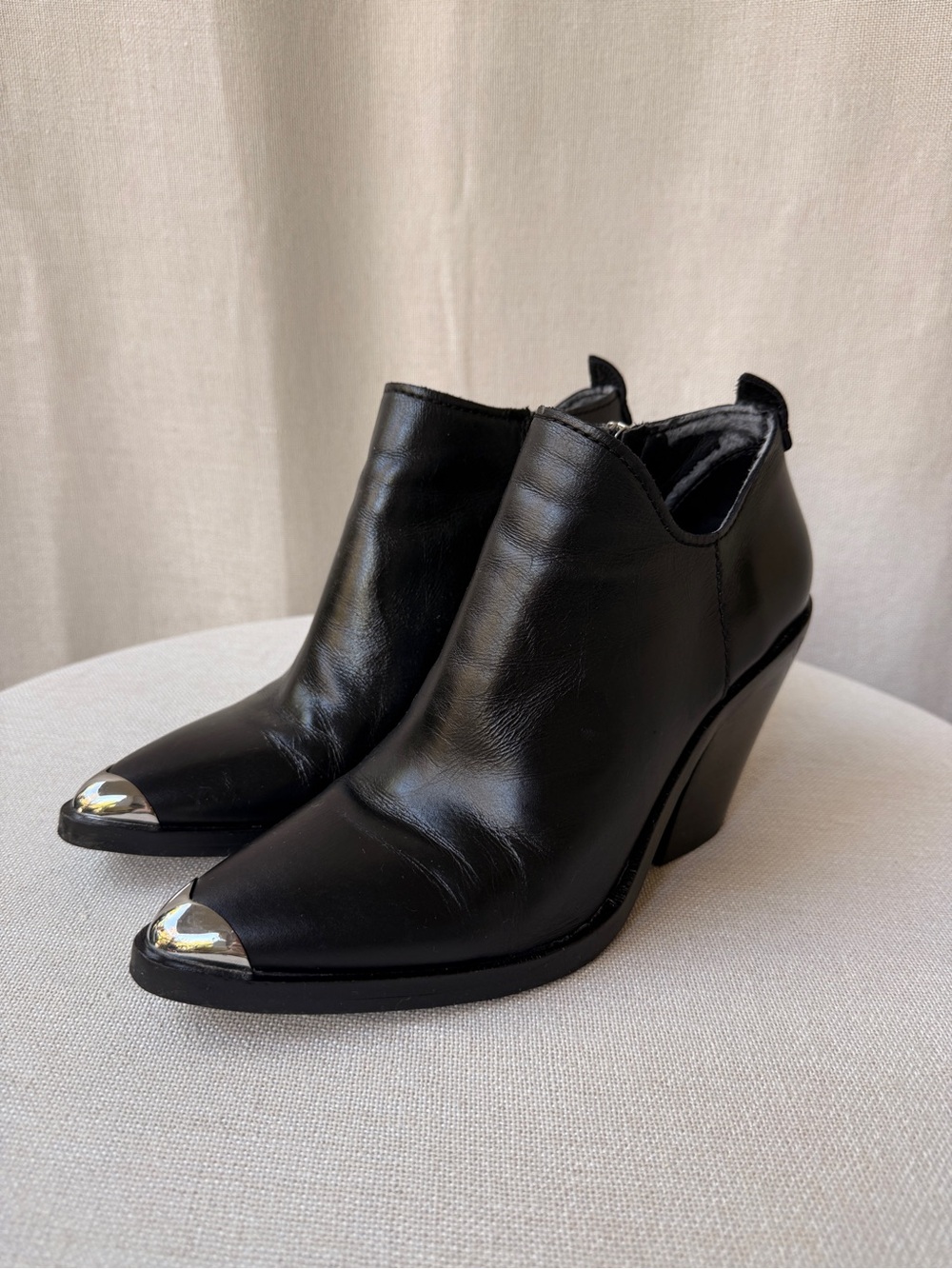 Rebecca Minkoff Black Leather Ankle Booties with Silver Cap Toe